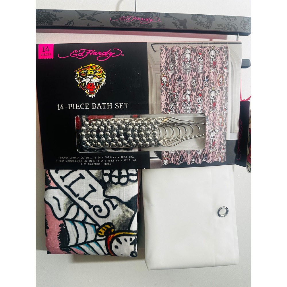 Ed Hardy 14pc Shower Curtain Bath Set Pink Leopard Skull Y2K Decor NWT w/ Hooks
